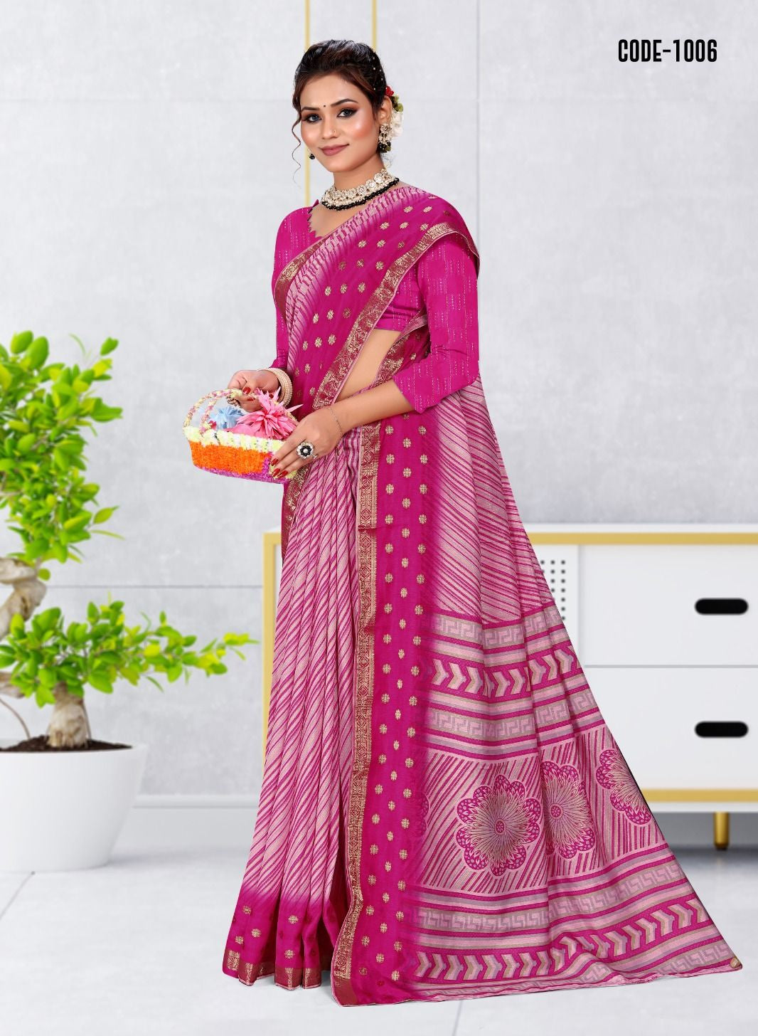 Pink color Strip Print Jacquard border Dola Silk saree with blouse for women - 14568