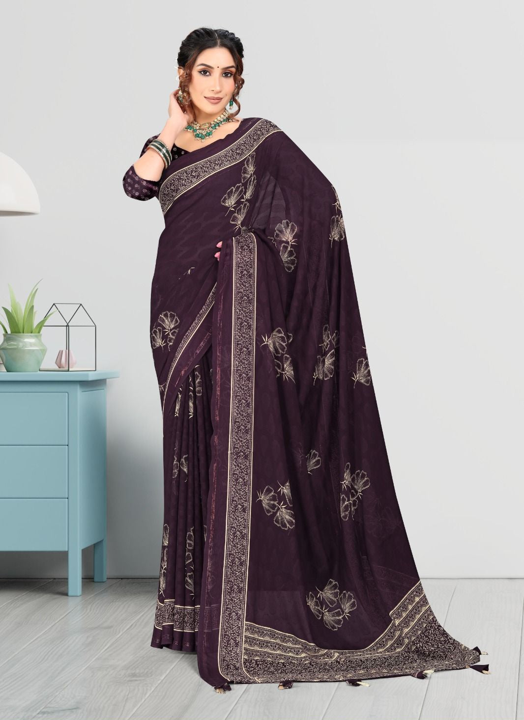 Violet color Jacquard Butta Satin border Georgette saree with blouse for women - 13948