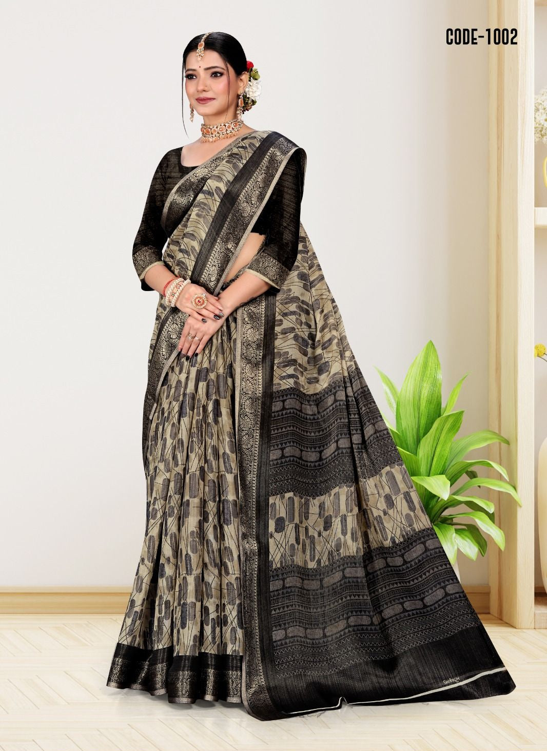Black color Weaving zari Jacquard border Cotton saree with blouse for women - 13981