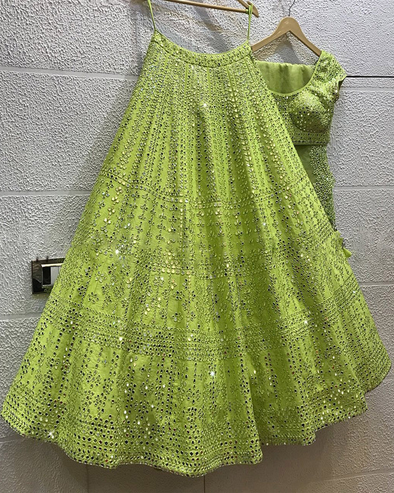 Lime green viking silk artificial mirror lehenga choli