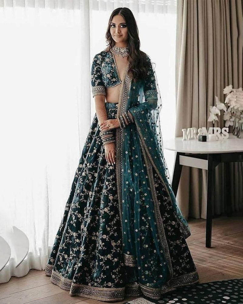 Bottle green colored designer velvet lehenga choli Styles for
