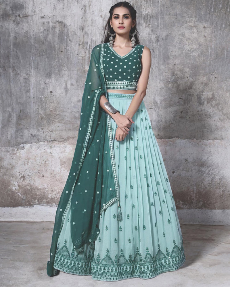 Sky blue colored embroidery work lehenga choli