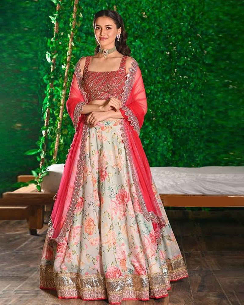 Multi coloured digital print with sequence embroidery work  lehenga choli