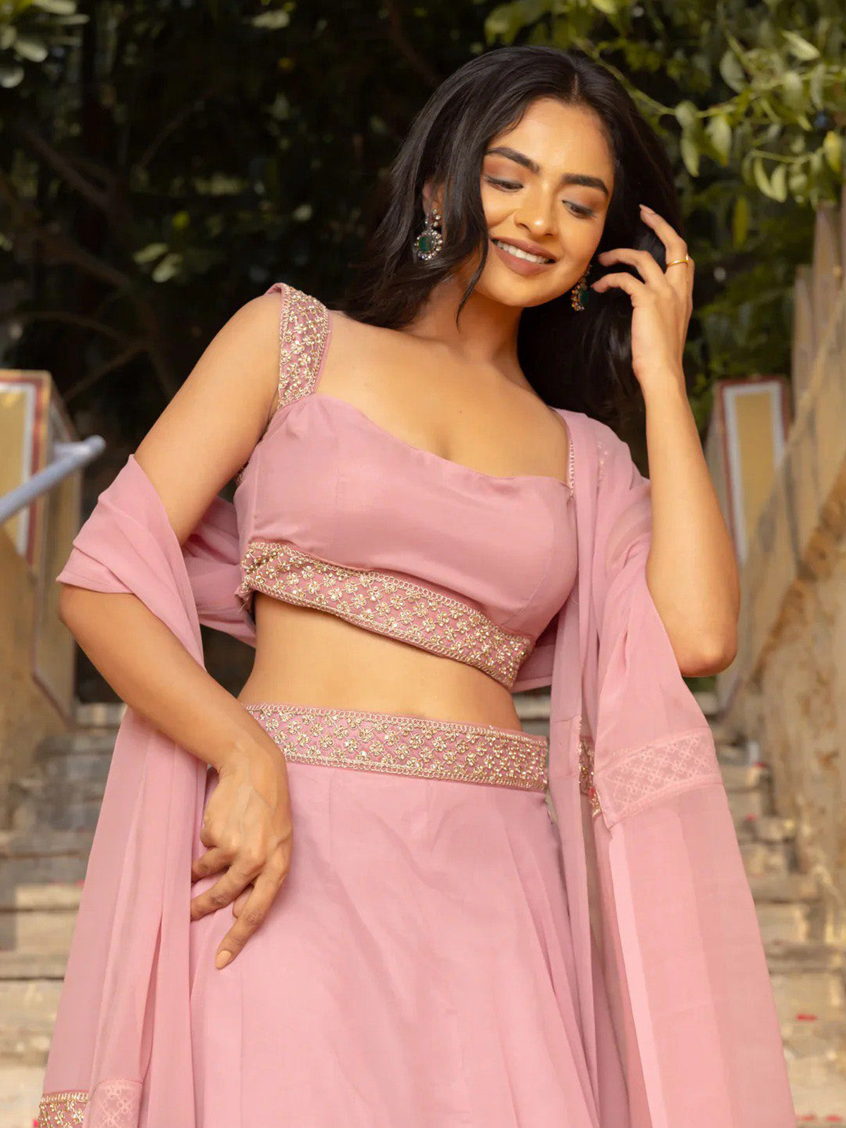 Buy premium FEALDEAL lehenga for women featuring faux georgette fabric, umbrella cut design, soft crepe inner and stylish dupatta.