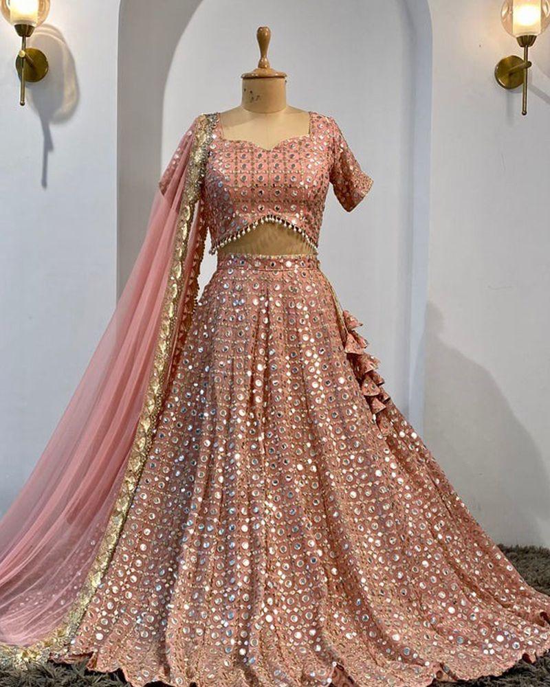 Peach georgette mirror work wedding lehenga choli