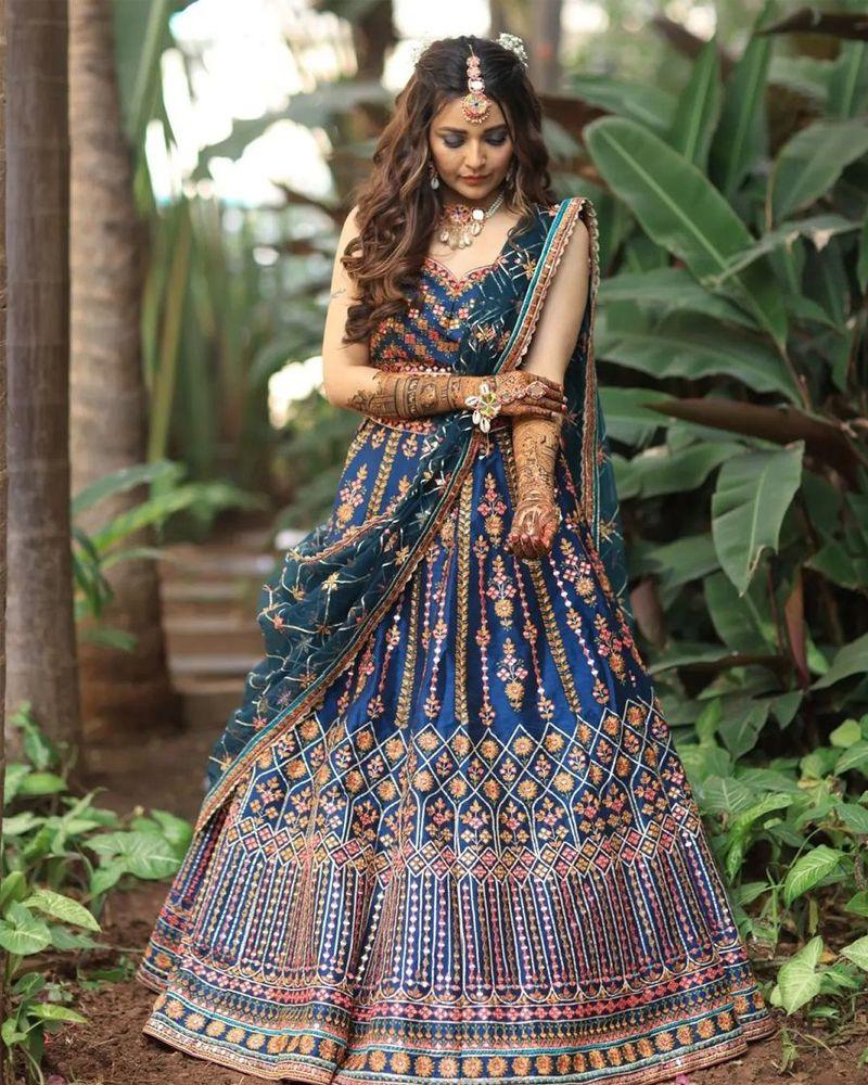 Blue Chinon Silk zari sequins designer lehenga choli