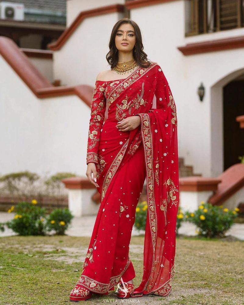 New Arrived attractive Red Color shops Pure Georgette embroidery work Saree Bollywood celebrity designer Saree Wedding Wear Party Wear Saree women