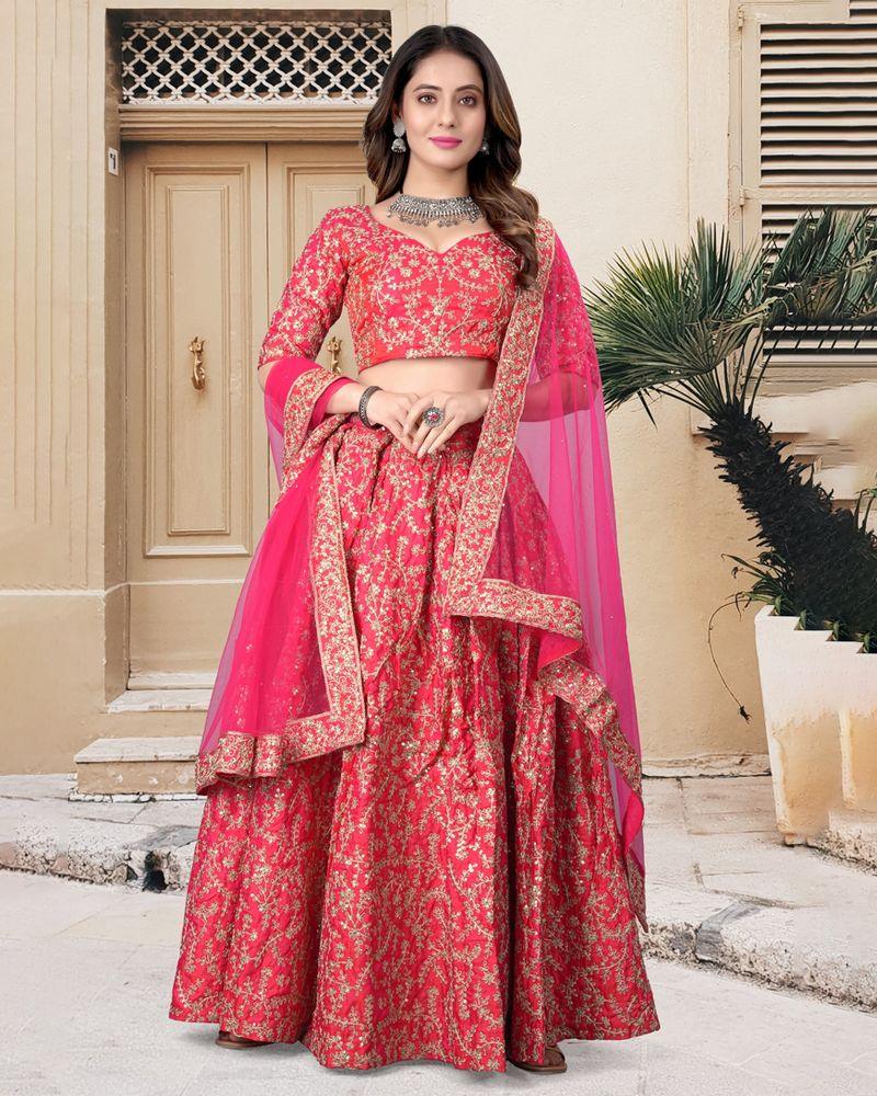 Pink color silk cording embroidery lehenga choli