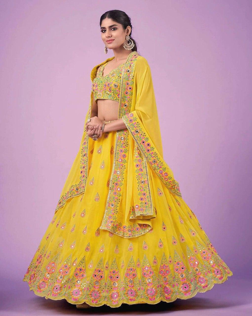 Yellow color faux georgette mirror embroidery lehenga choli