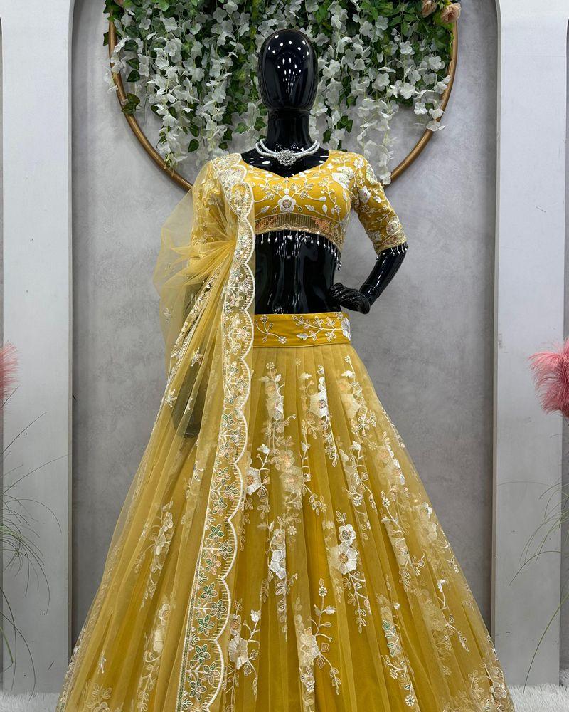 New Designer Lehenga choli For Women Made to Measure Wedding selling Yellow Lengha choli With Long Blouse, party wear ghagra choli Bollywood Lahanga