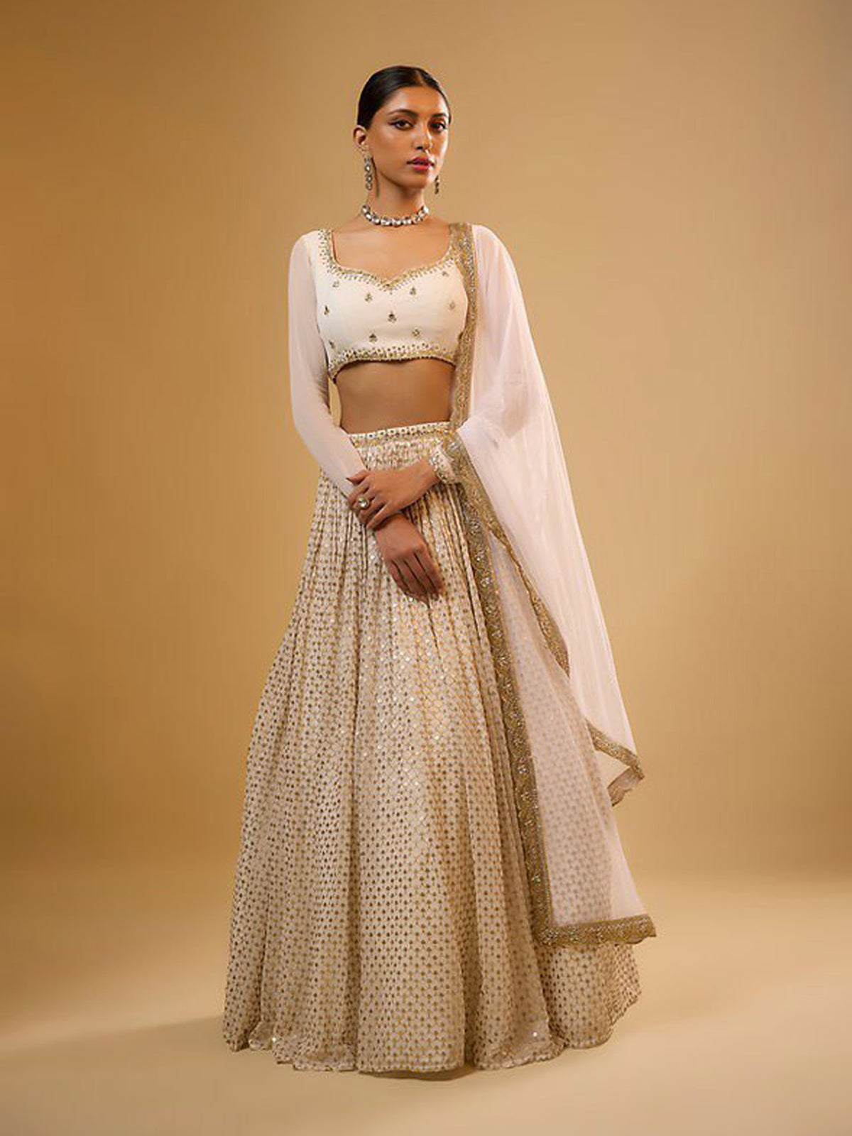 Buy elegant faux georgette wedding lehenga for women featuring sequins embroidery, dori work, paper mirror blouse and designer dupatta. Shop FEALDEAL.