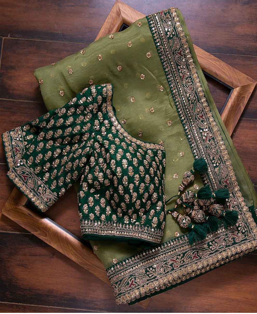 Mehandi green colored vichitra silk saree