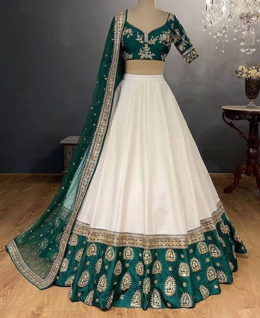 White And Green Colored Chinon Fabric Lehenga Choli