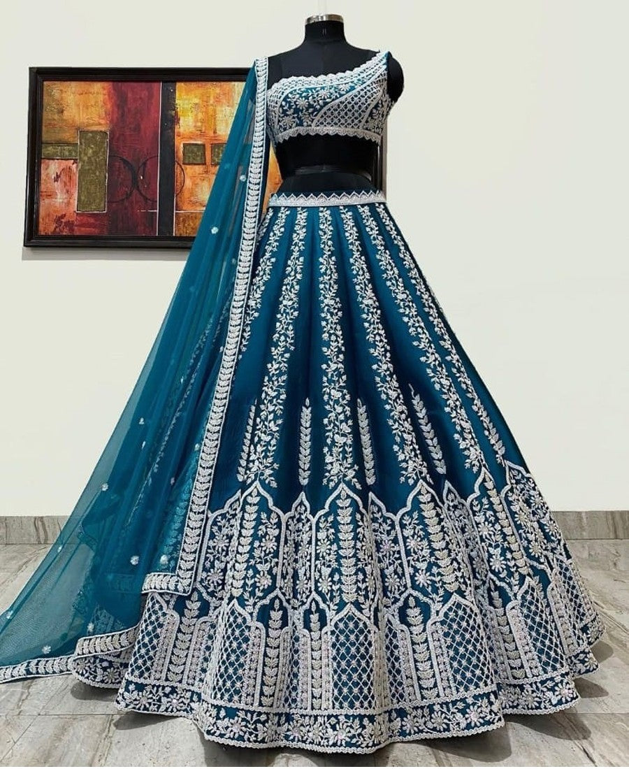 Deep Sea Blue Colored Chinon Fabric Lehenga Choli