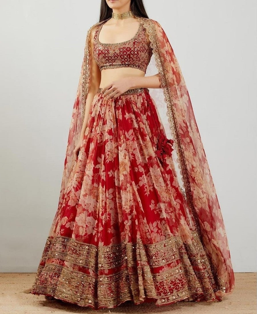 Red and Cream Colored Georgette Lehenga Choli