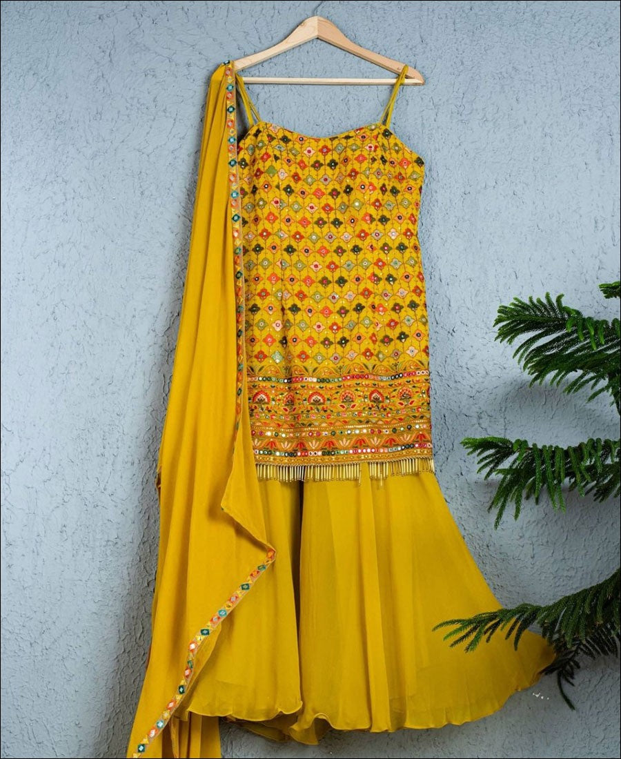 Yellow Colored Semi-Stitched Sharara Suit