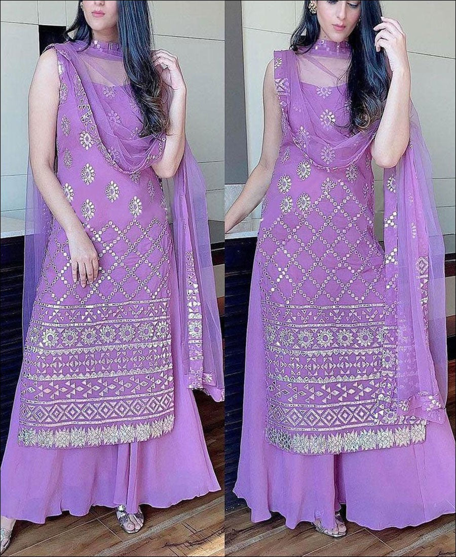 Bright Lavender Colored Semi-Stitched Sharara Suit