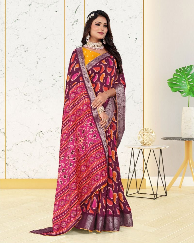Purple color Jacquard Contrast Piping Border Cotton saree with blouse for women - 14282