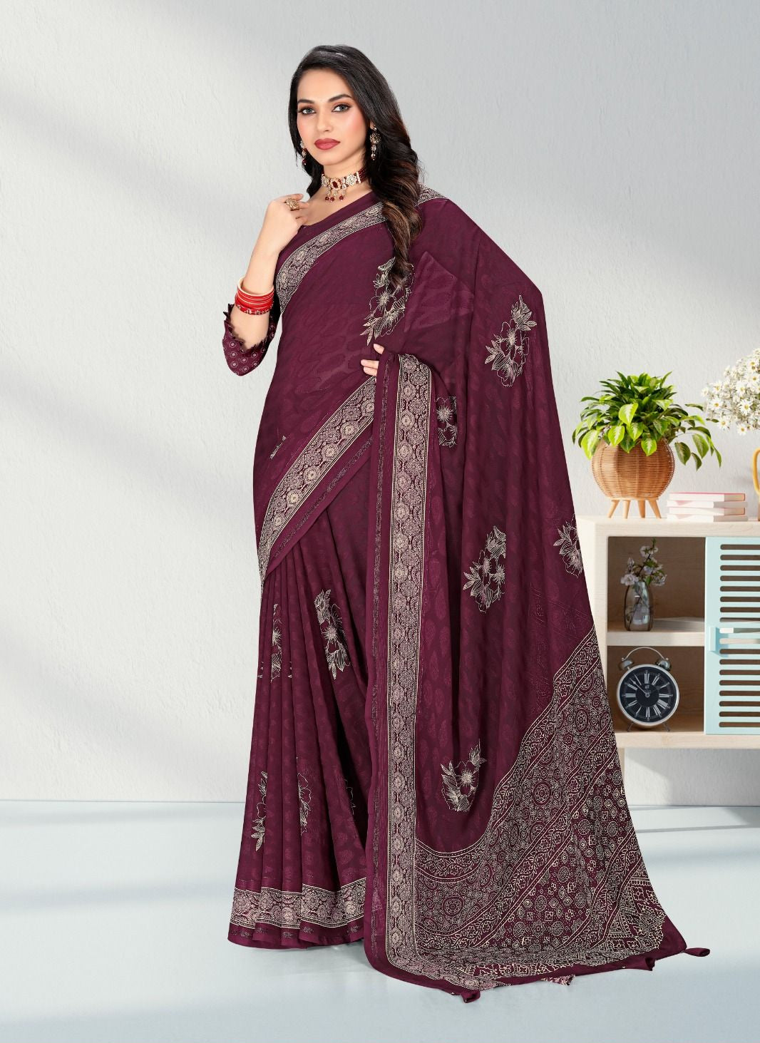 Purple color Satin border Jacquard Butta Georgette saree with blouse for women - 13955