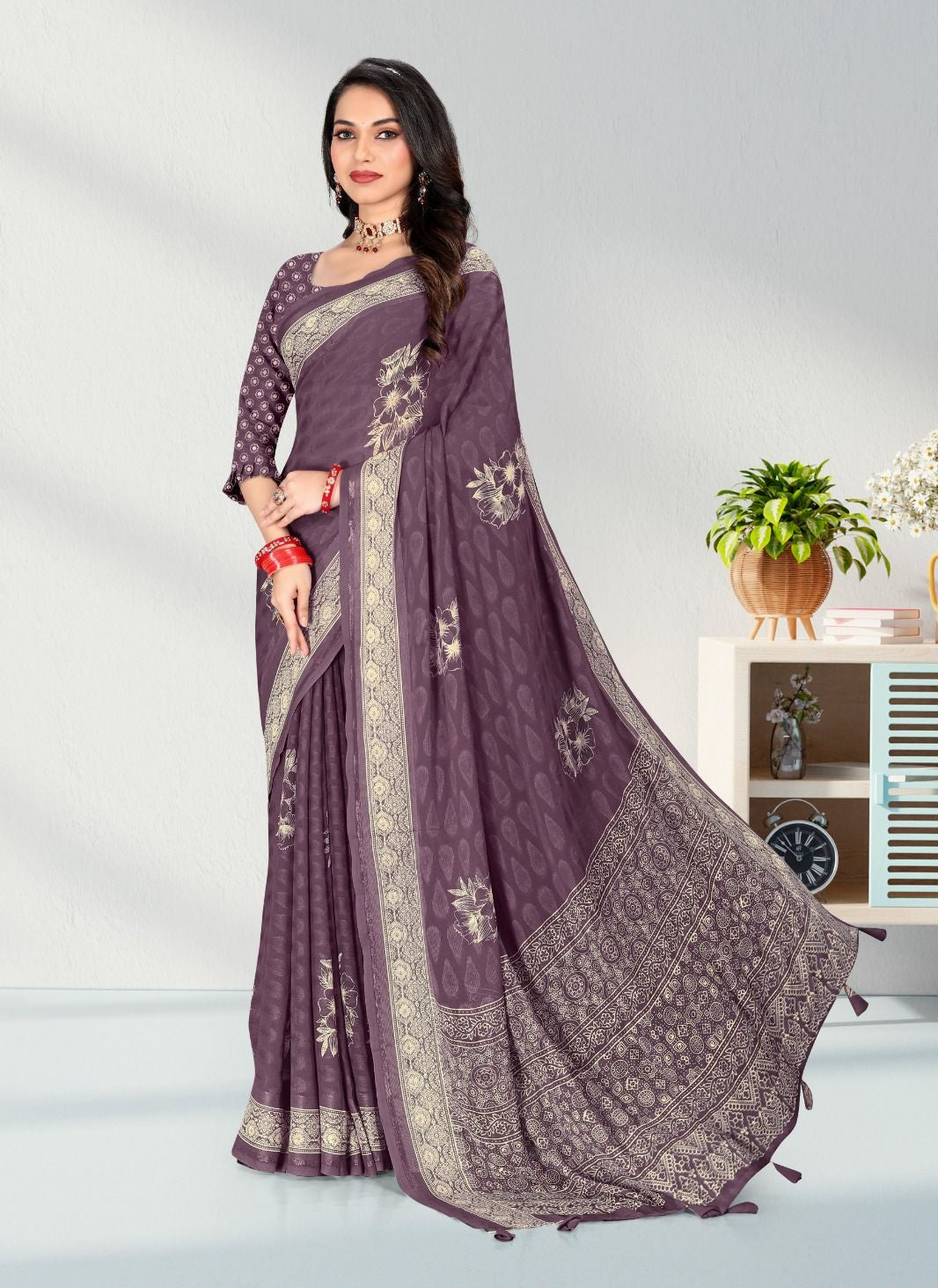 Lavender color Satin border Jacquard Butta Georgette saree with blouse for women - 13953