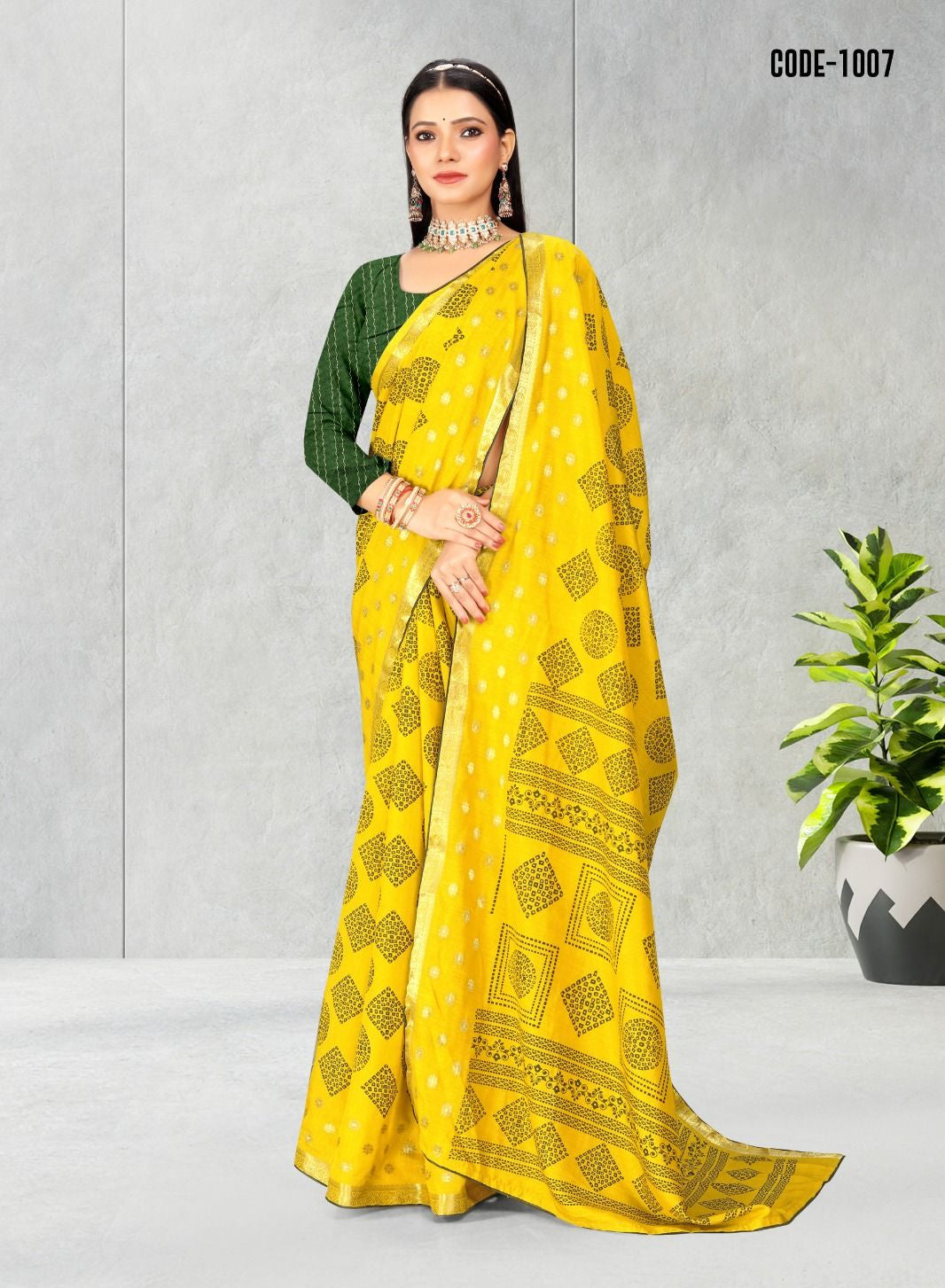 Yellow color Geometric Print Jacquard border Dola Silk saree with blouse for women - 14577