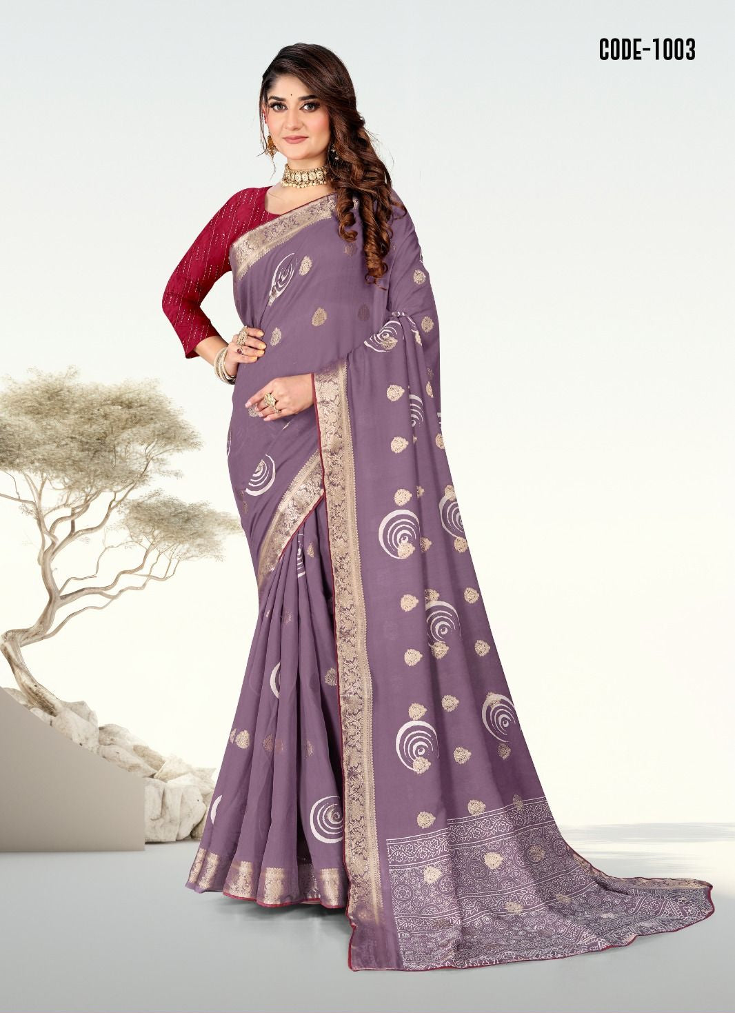 Lavender color Jacquard Butta Soft cotton saree with blouse for women - 13975