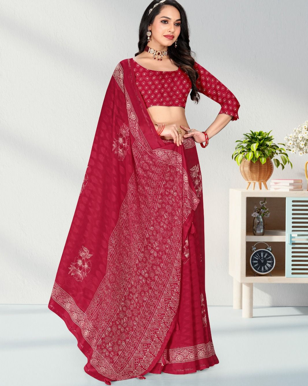 Pink color Satin border Jacquard Butta Georgette saree with blouse for women - 13951