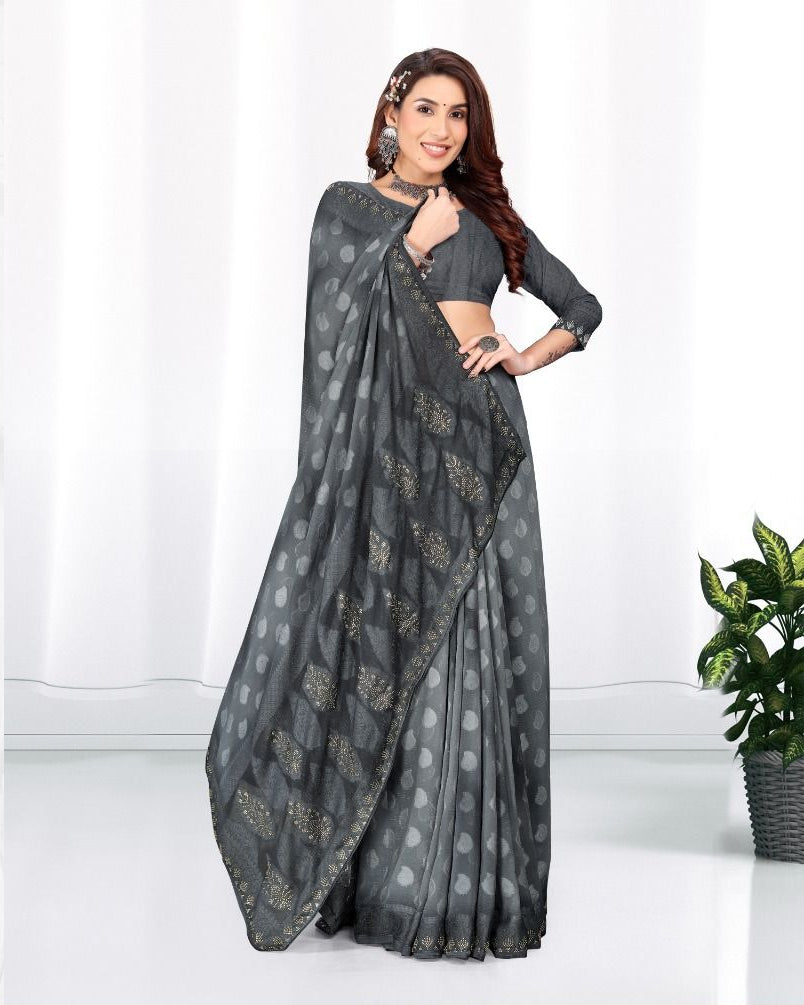 Charcoal Gray color Georgette Diamond work Brasso cut Swarovski saree with blouse for women - 14023