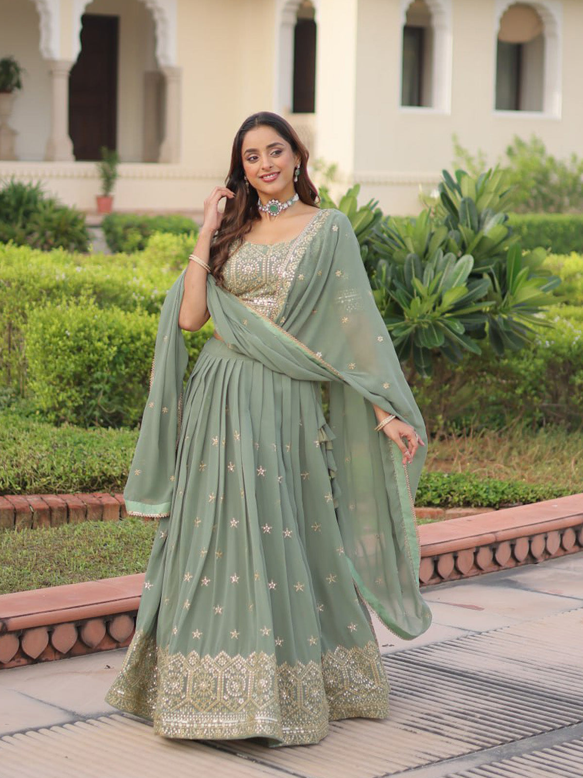 Elegant georgette lehenga choli with 3 meter flare, embroidered blouse fabric and designer dupatta. Perfect for women, girls, weddings and parties.