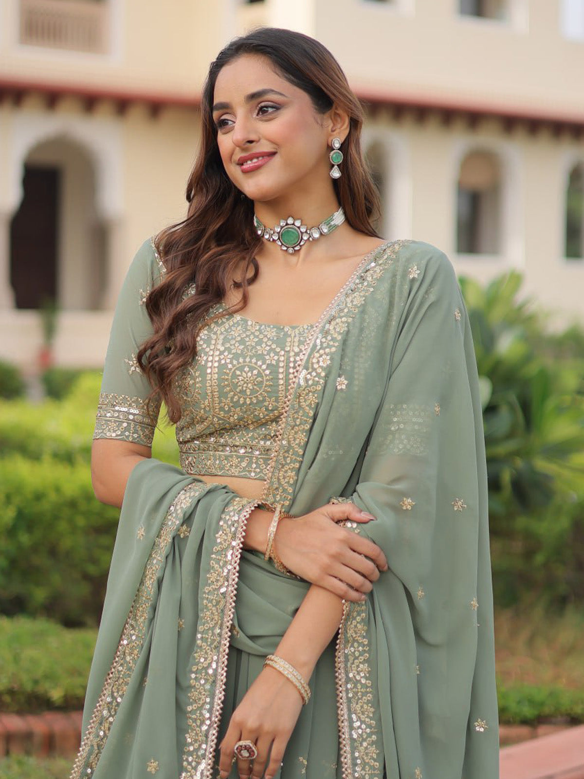 Shop FEALDEAL women lehenga choli featuring sequins embroidery, faux georgette fabric, designer blouse and embroidered dupatta. Perfect for weddings, festivals and special occasions.
