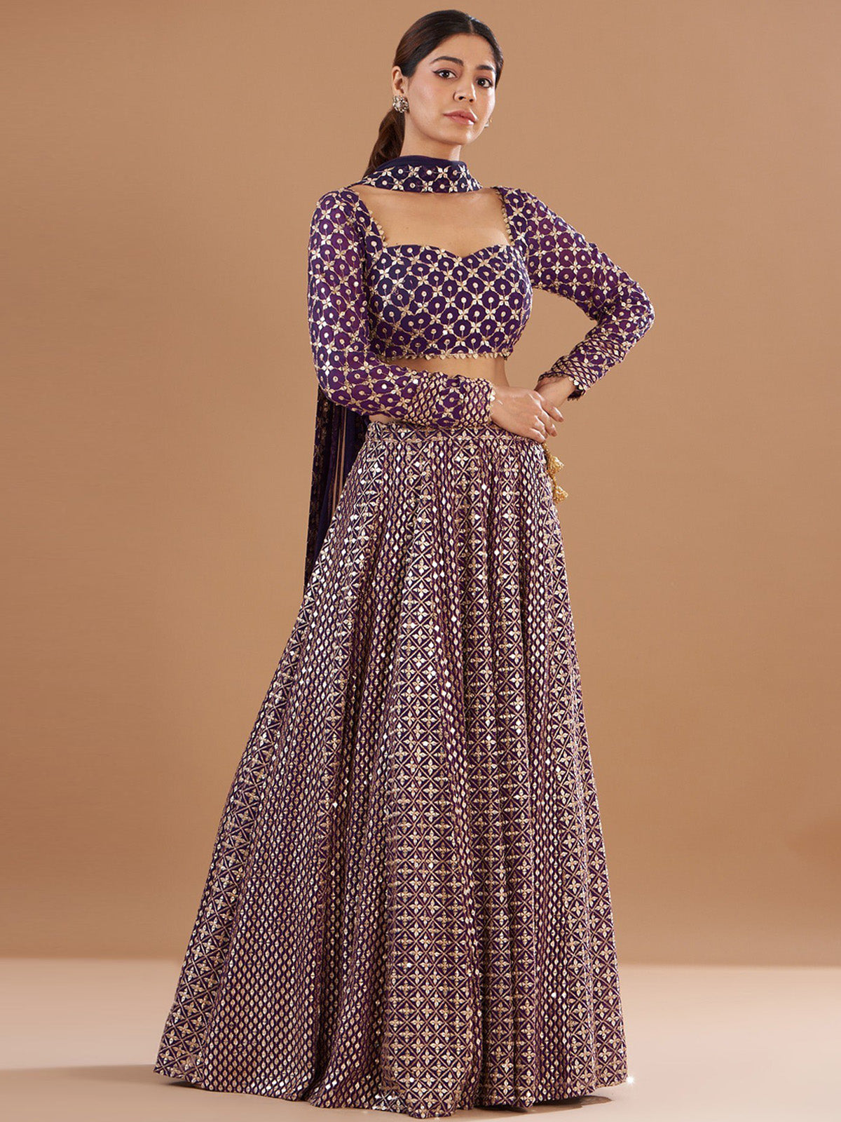 Buy premium faux georgette lehenga featuring 9MM sequin embroidery, embroidered blouse and elegant dupatta. Ideal for weddings, parties and festive occasions.