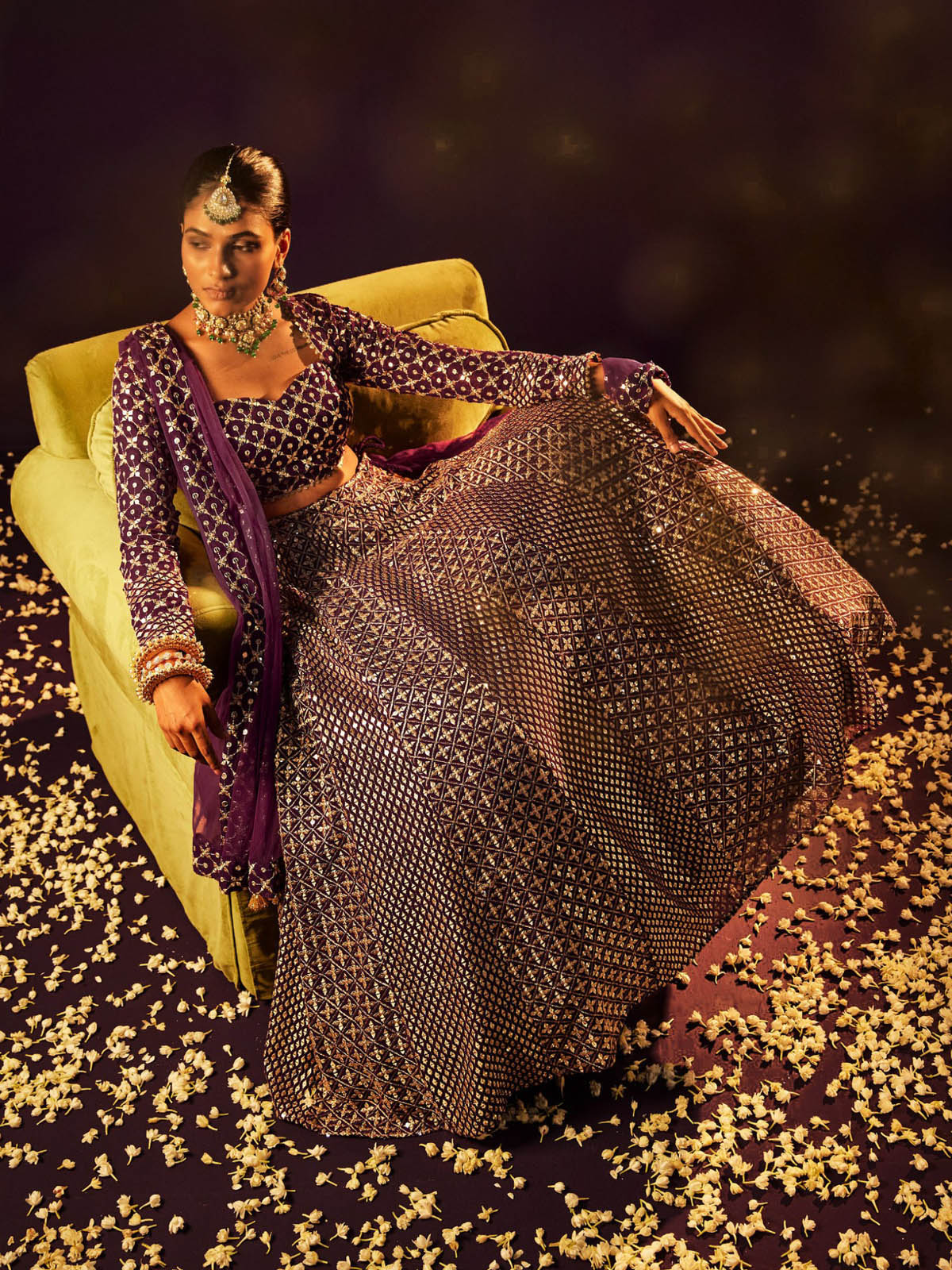 Elegant faux georgette lehenga choli with 3 meter flare, all-over embroidered blouse and zari lace border dupatta. Perfect for women and girls.