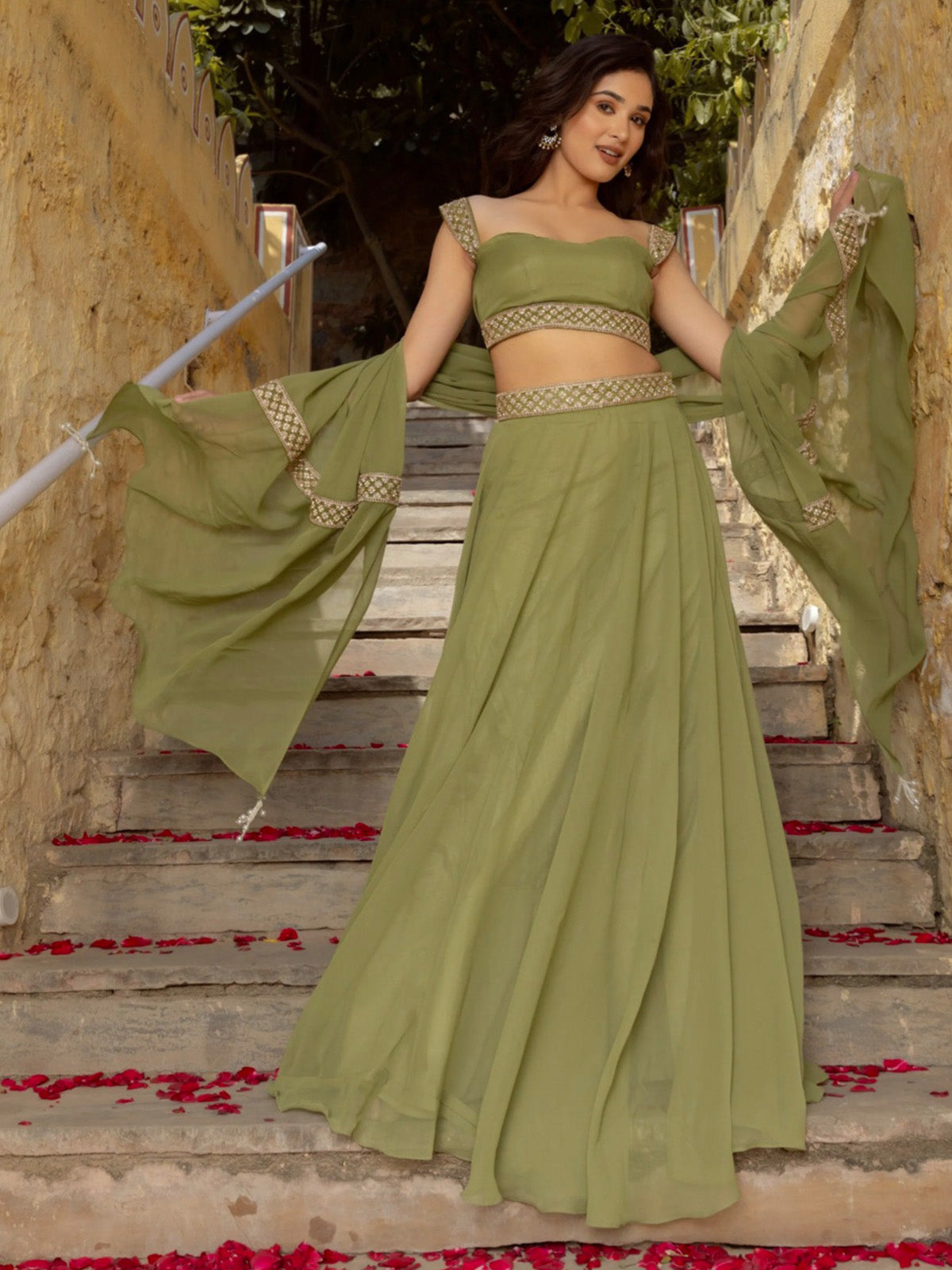 Looking for the best georgette lehenga choli? Explore FEALDEAL's lightweight designer lehenga set with flowing umbrella flare and stitched dupatta.