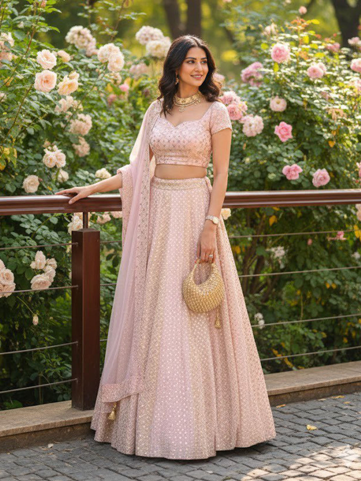 Buy premium pink faux georgette lehenga featuring 9MM sequin embroidery, embroidered blouse and elegant dupatta. Ideal for weddings, receptions and festive occasions.
