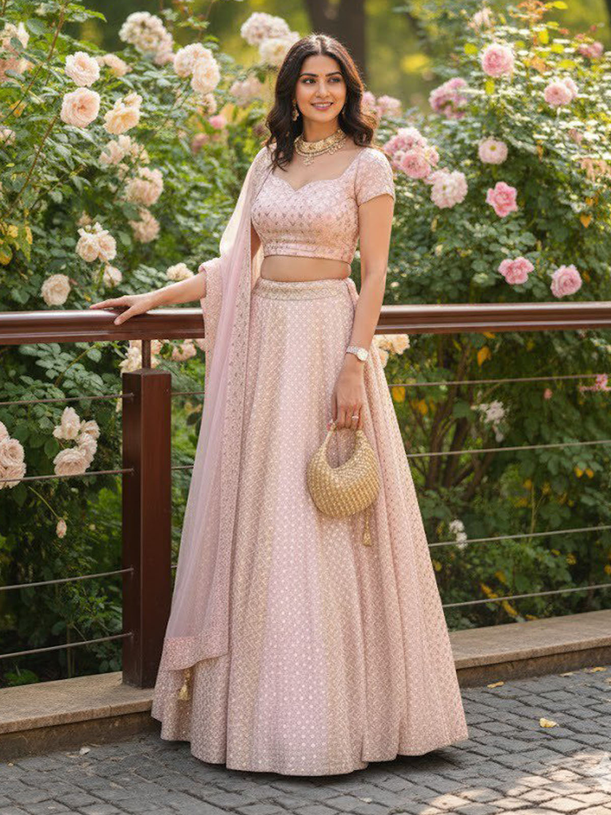 Discover FEALDEAL pink wedding lehenga choli with 9MM sequins, zari embroidery, cancan flare and faux georgette dupatta. Shop designer ethnic wear online.