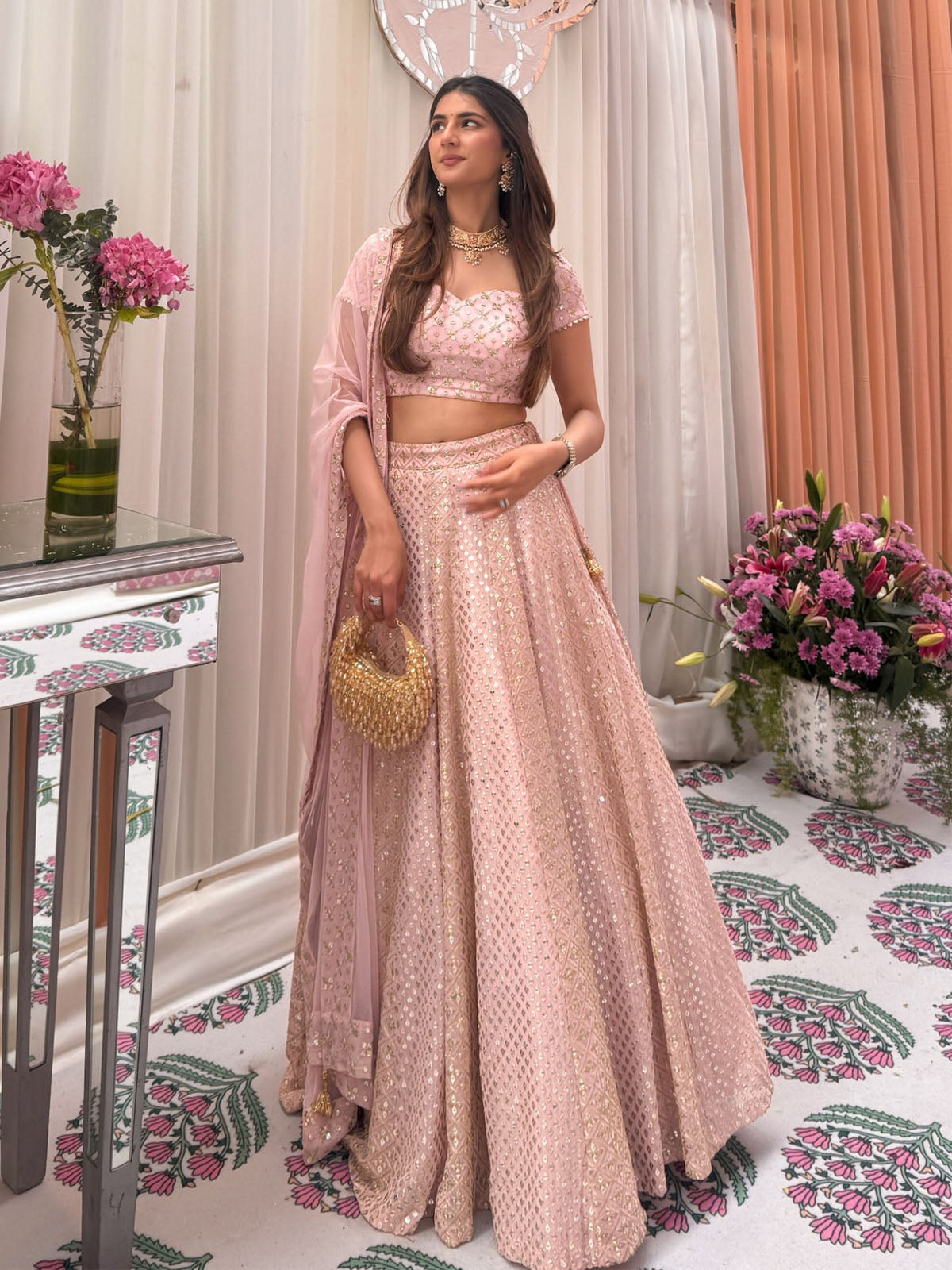Shop FEALDEAL women lehenga choli in elegant pink featuring 9MM sequin embroidery, faux georgette fabric, embroidered blouse and stylish dupatta. Perfect for weddings, festivals and parties.