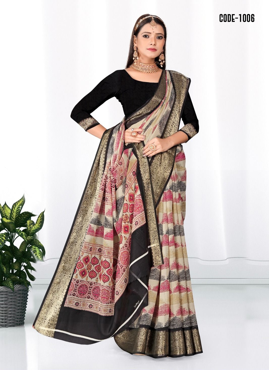 Black color Geometric Print Zari border Soft cotton saree with blouse for women - 14328