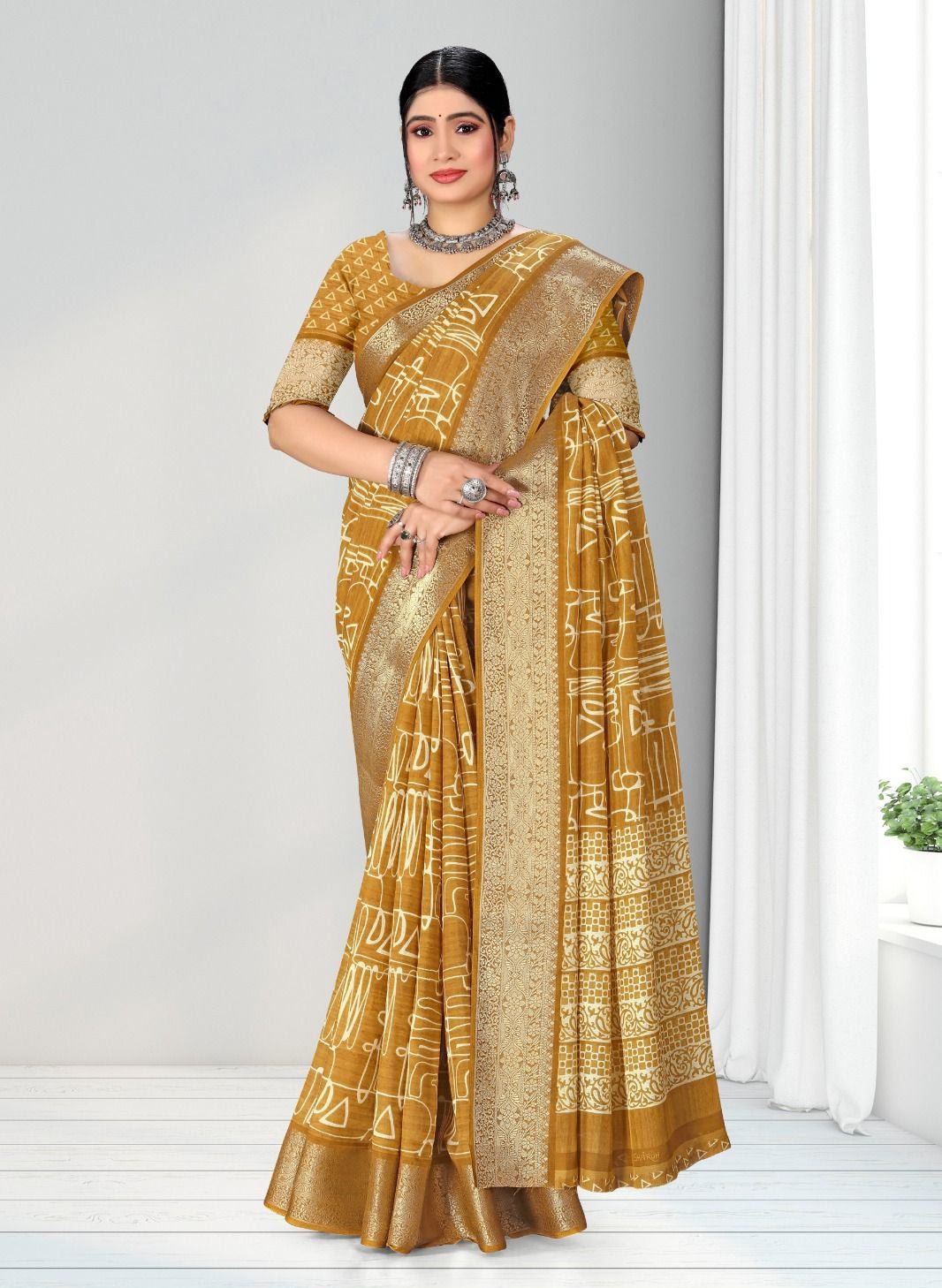 Yellow color Geometric Print Zari border Soft cotton saree with blouse for women - 14301