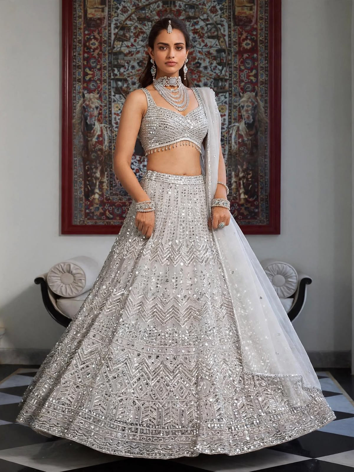 Girls lehenga with embroidered blouse and Butterfly Net dupatta