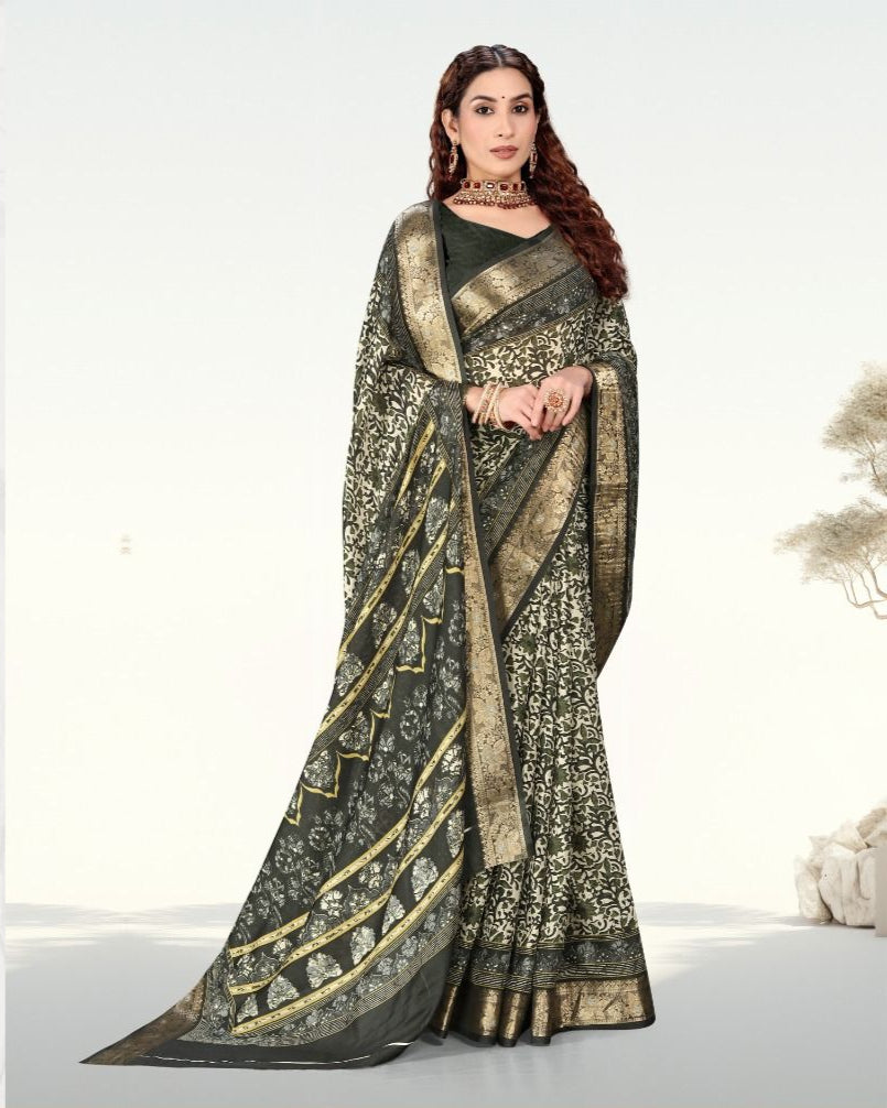 Olive Green color Botanical Print Jacquard border Cotton saree with blouse for women - 13942