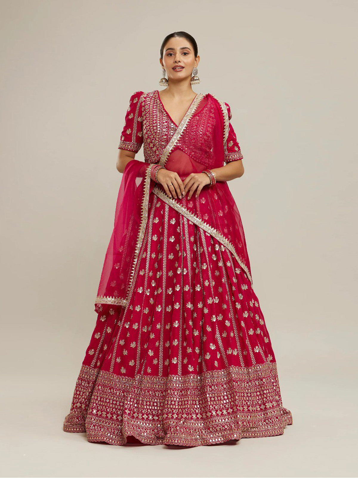 Buy premium pink lehenga for women featuring faux georgette fabric, embroidered blouse, coding dori dupatta and grand cancan flare.