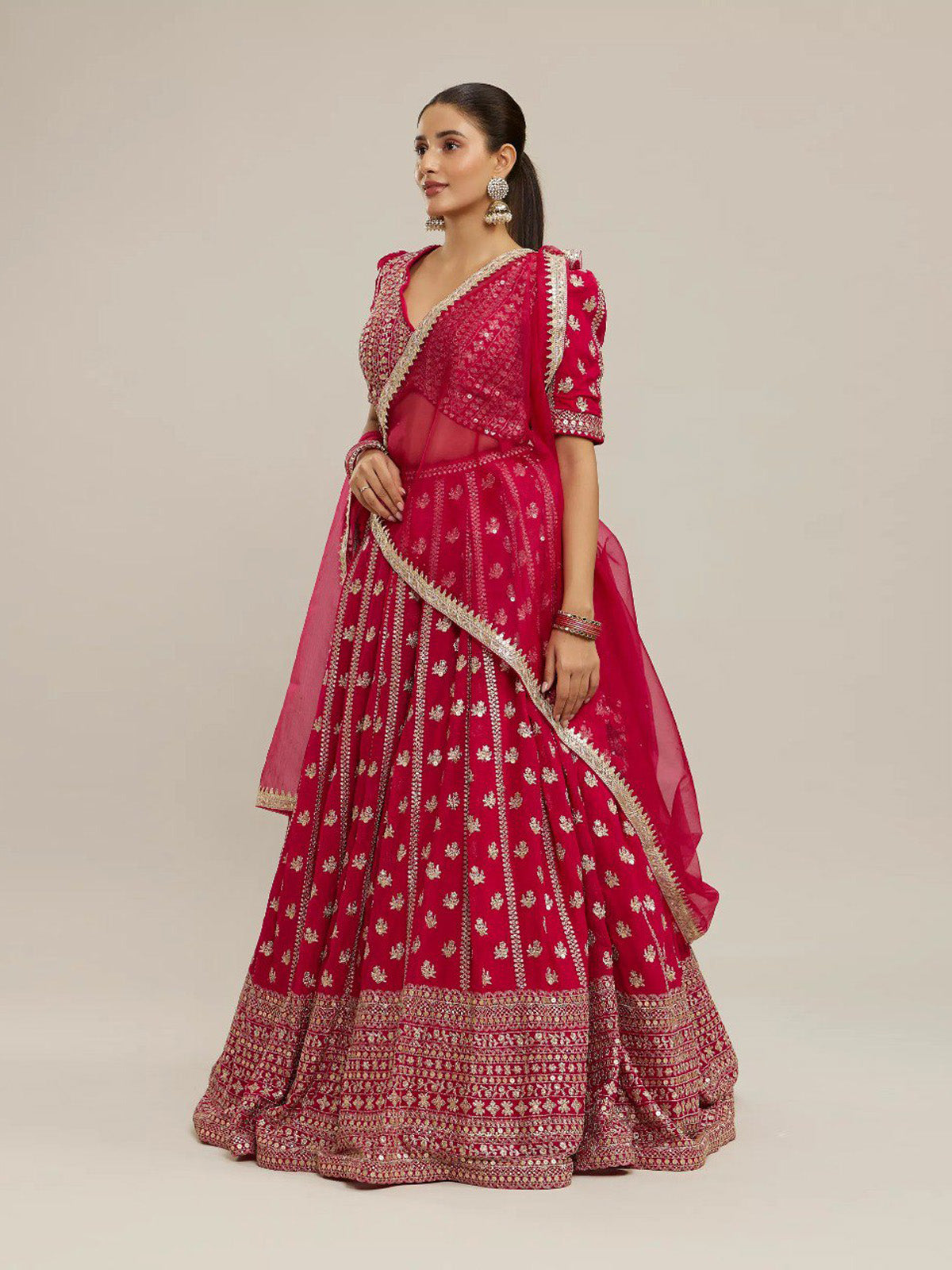 Elegant pink faux georgette lehenga choli with 4.25 meter flare, embroidered blouse and designer dupatta. Perfect for weddings, receptions and festive wear.