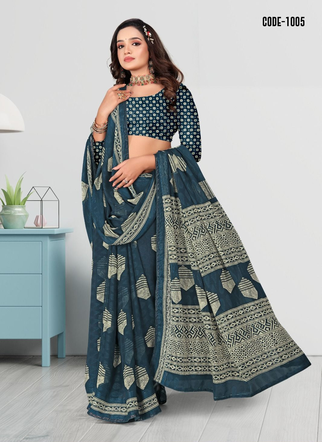 Blue color Woven Jacquard Butta Georgette saree with blouse for women - 13971