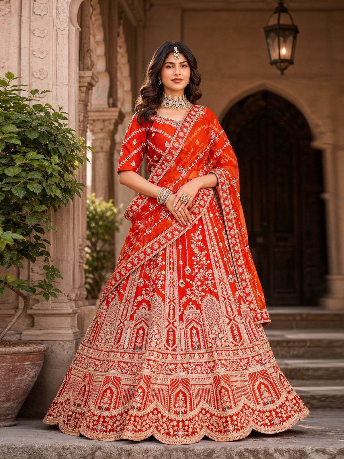 Buy premium silk rust color wedding lehenga for women with handcrafted Jarkan Diamond work, embroidered blouse, net dupatta and luxurious bridal finish.