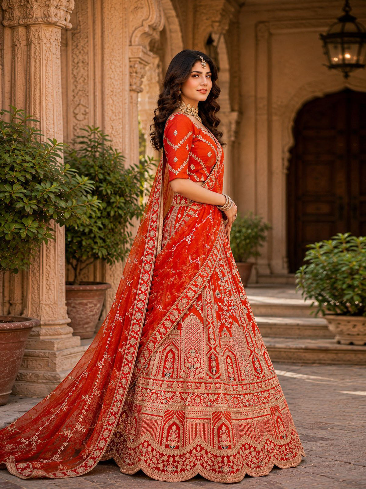 Discover FEALDEAL designer bridal lehenga set in rust color with silk fabric, Jari, Dori, Thread embroidery and elegant handcrafted Jarkan Diamond work.