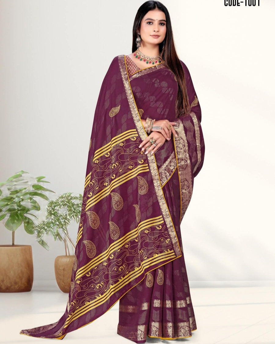 Purple color Party wear Zari Weaving Jacquard border Viscose saree with blouse for women - 13519