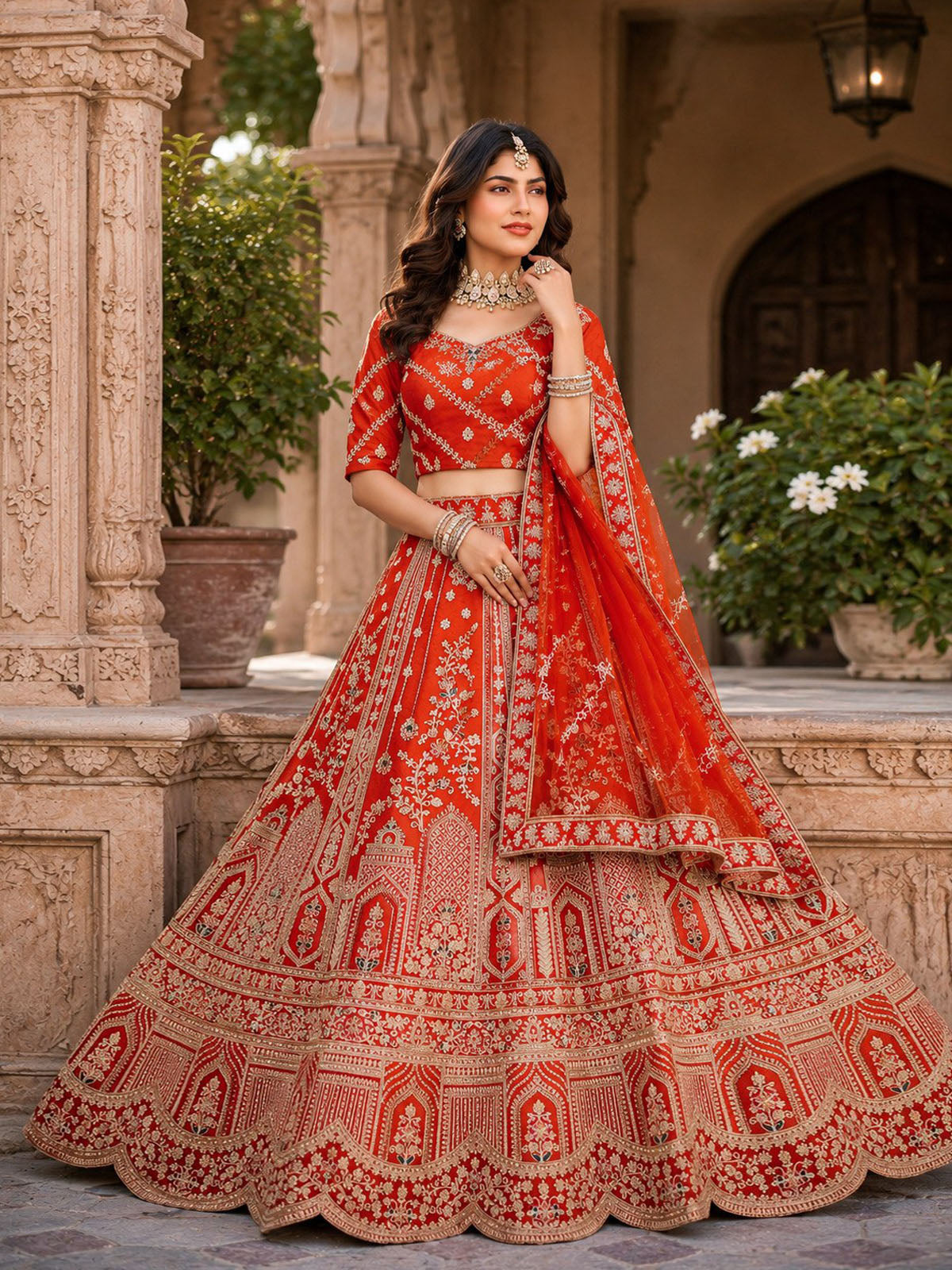 Premium silk lehenga choli featuring heavy embroidery, luxurious Jarkan Diamond handwork, 4.25 meter flare and embroidered net dupatta for weddings.