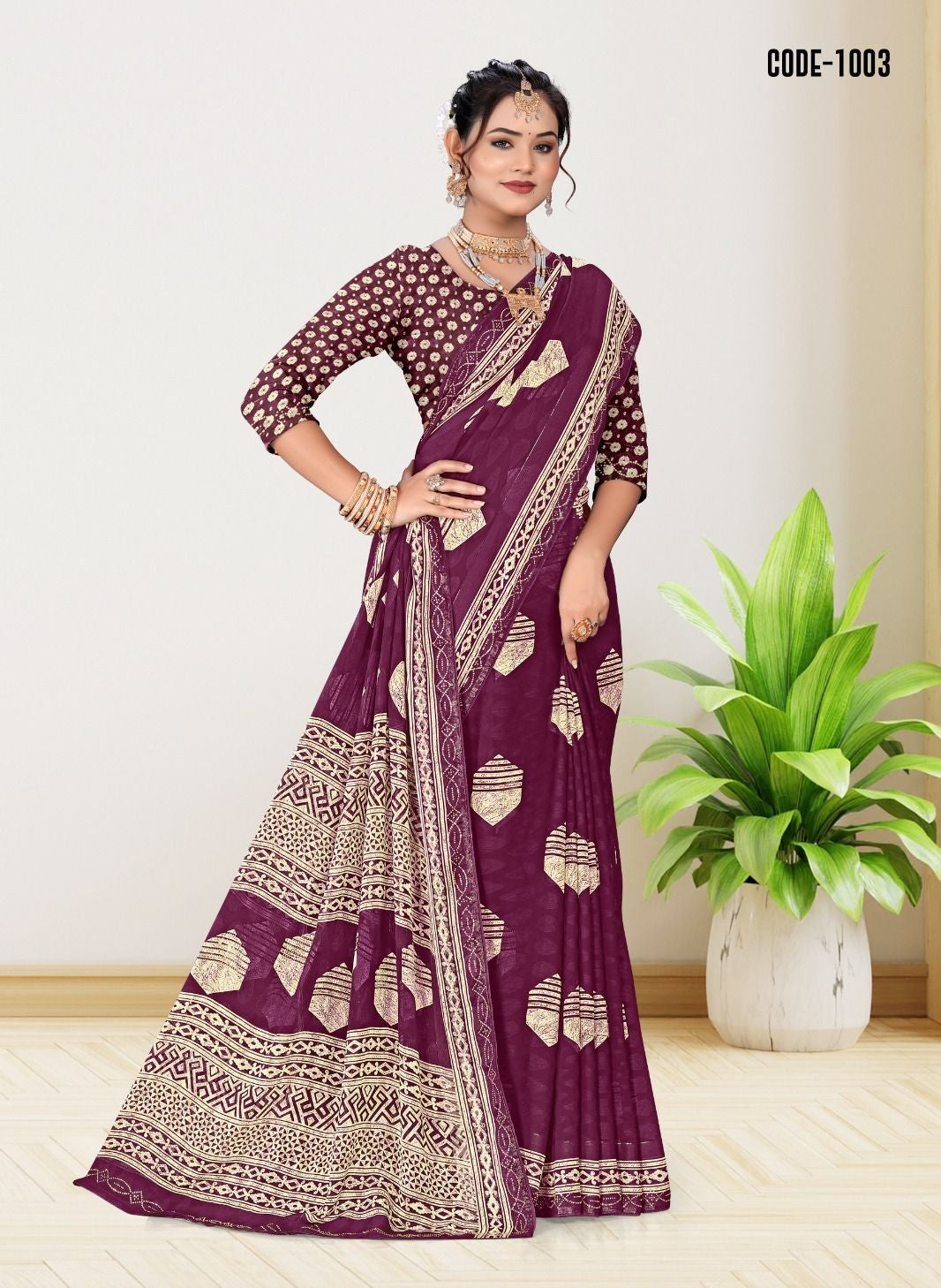 Purple color Jacquard Butta woven border Georgette saree with blouse for women - 14295