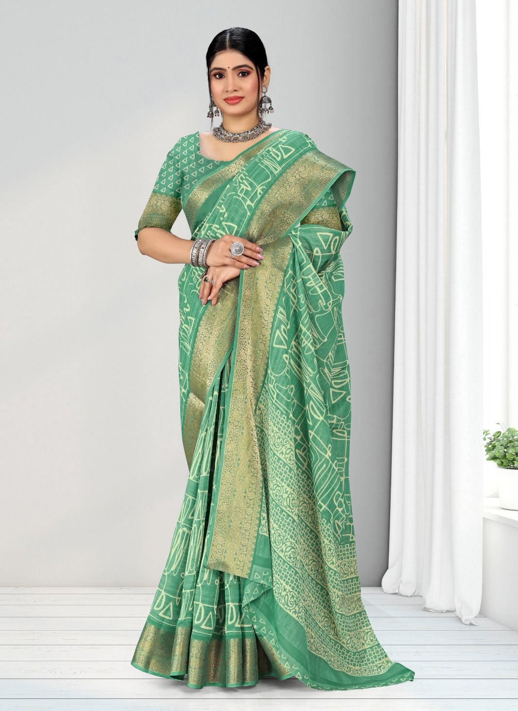 Turquoise color Geometric Print Zari border Soft cotton saree with blouse for women - 14304