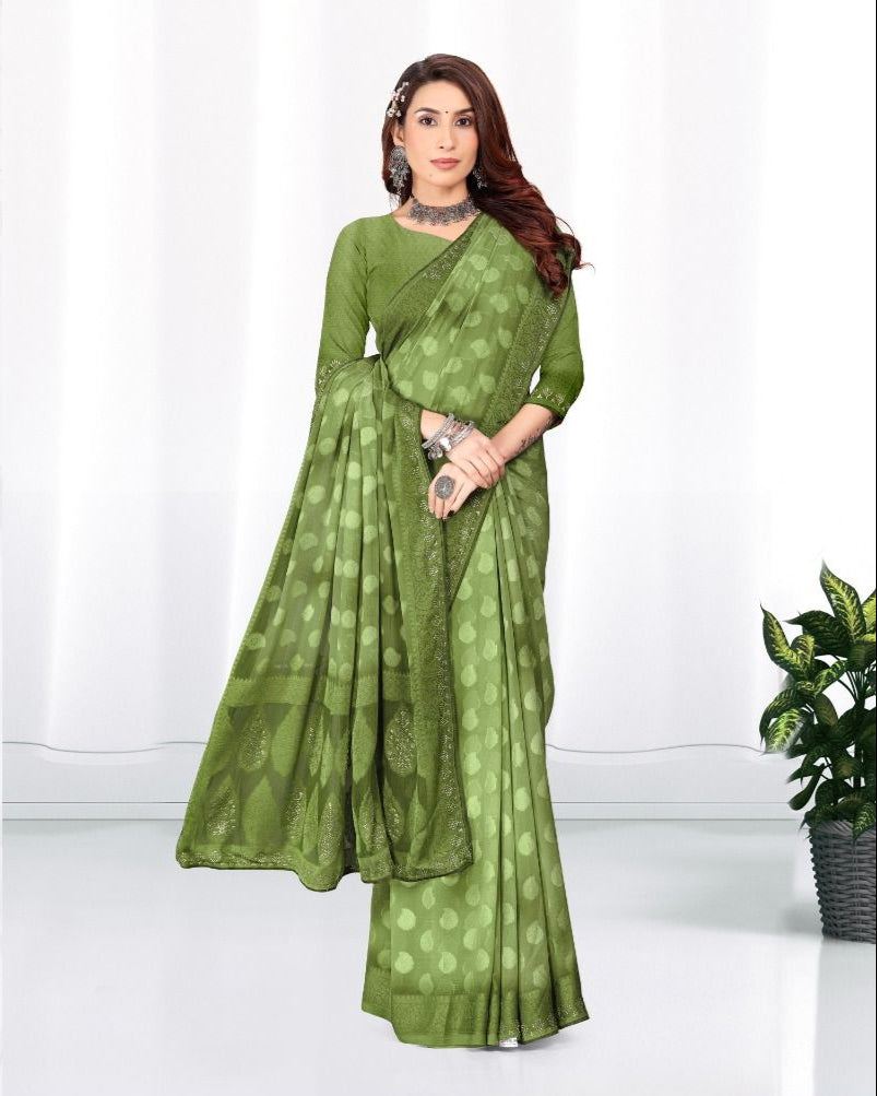 Green color Georgette Diamond work Brasso cut siroski saree with blouse for women - 14017